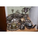 Collection of silver plate including serving tray, trophy, teapot, etc.