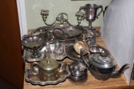 Collection of silver plate including serving tray, trophy, teapot, etc.