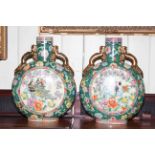 Pair of large Oriental moon flasks with floral and bird decoration, 50.5cm.