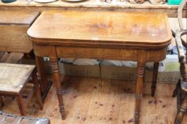 19th Century mahogany crossbanded and line inlaid fold top card table on turned legs,