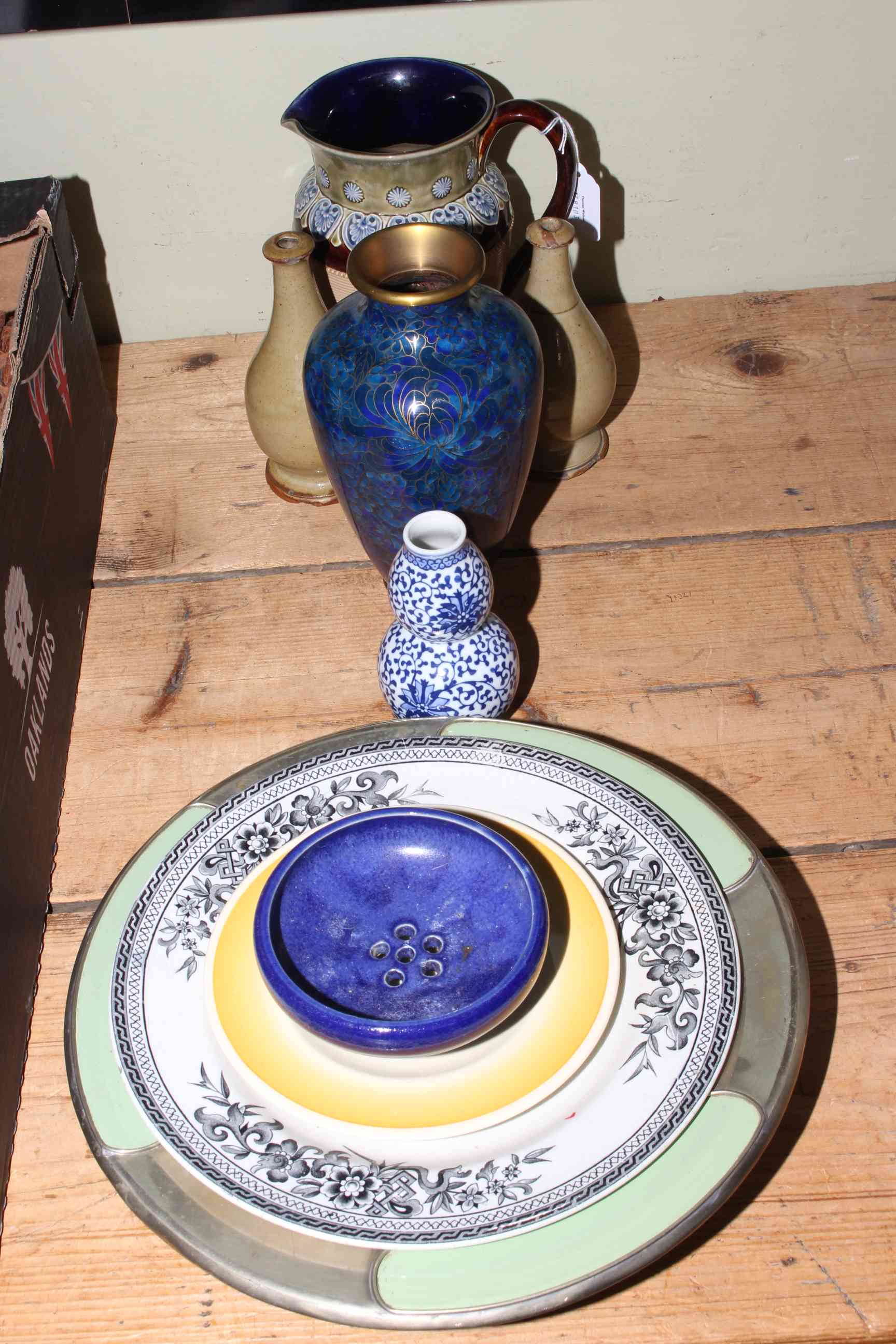 Doulton Lambeth Stoneware jug, pair of Stoneware bottles, cloisonne vase,