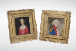 Pair portrait miniatures of Lord Nelson and Lady Hamilton in gilt frames, 14.5cm by 13.5cm.