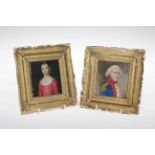 Pair portrait miniatures of Lord Nelson and Lady Hamilton in gilt frames, 14.5cm by 13.5cm.