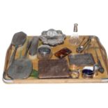 Tray lot with silver bon bon dish, brush set, cigarette case, teaspoons and others,