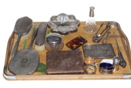 Tray lot with silver bon bon dish, brush set, cigarette case, teaspoons and others,