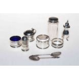 Silver cruets, two napkin rings, toilet bottle and two shell teaspoons (9).