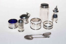 Silver cruets, two napkin rings, toilet bottle and two shell teaspoons (9).