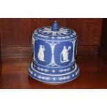 Blue and white Jasperware Stilton cover and stand, 29cm.