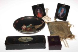 Two pennants, pair of portrait miniature prints, glove box, decorative bowl.