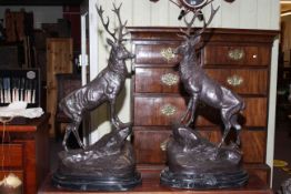 Impressive pair of bronze stags standing on a rocky outcrop raised on marble bases.