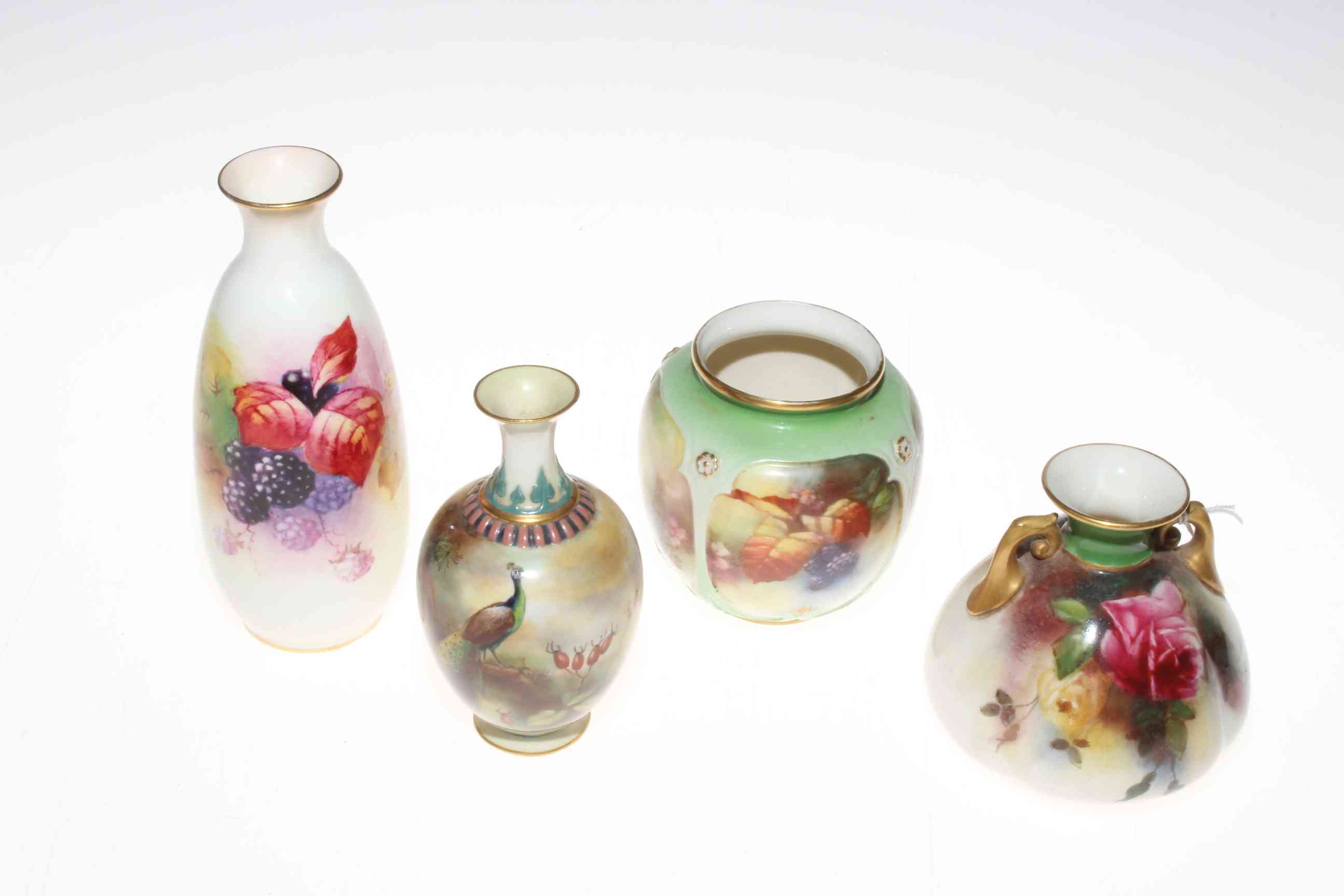 Collection of seven hand painted Royal Worcester vases; Peacock signed Austin, pair Peacocks, - Image 3 of 3