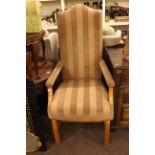 Victorian mahogany spoon back nursing chair and arched back open armchair.