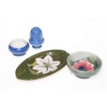 Three small pieces of Moorcroft, anemone bowl, cruet and ashtray.