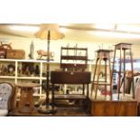 Carved folding occasional table, standard lamp and shade, drop leaf trolley, magazine rack,