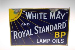 White May and Royal Standard BP Lamp Oils enamel advertising sign, 46cm by 31cm.