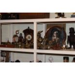 Spelter bull on plinth, companion set, oak cased mantel clock, brass fender, horsebrasses,