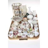 Tray lot with thimble collection, Belleek, many small boxes and decorative pieces,