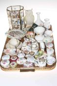Tray lot with thimble collection, Belleek, many small boxes and decorative pieces,