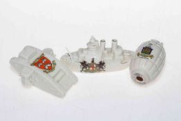 Three pieces WWI military crested china including Mills bomb.