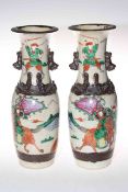 Pair Chinese crackle glazed vases, enamelled and painted with warrior, impressed character marks,