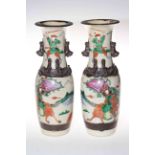 Pair Chinese crackle glazed vases, enamelled and painted with warrior, impressed character marks,