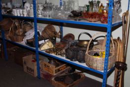 Assorted wicker baskets, walking sticks, copper and brass including horsebrasses, dial telephone,