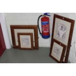 Set of five humorous pencil prints in four frames.