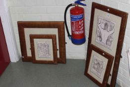 Set of five humorous pencil prints in four frames.