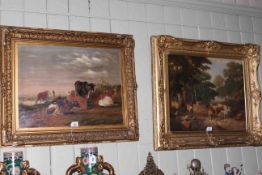 Two Victorian gilt framed oils on canvas depicting cattle in landscape and woodland,