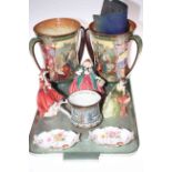 Royal Doulton wares; two George VI and Elizabeth Coronation loving cups, three lady figures,