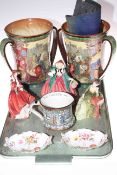 Royal Doulton wares; two George VI and Elizabeth Coronation loving cups, three lady figures,