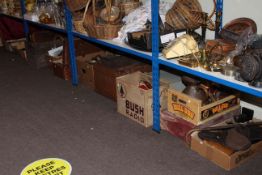 Large assortment of collectables including copper and brass, leather bag, cases, vintage projector,