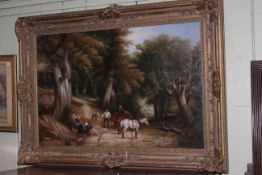 Modern large gilt framed oil on canvas depicting 19th Century scene of figures in woodland,