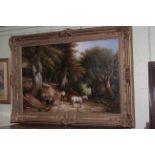 Modern large gilt framed oil on canvas depicting 19th Century scene of figures in woodland,