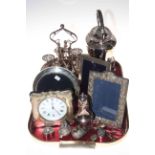 Tray lot with silver and plate including four silver easel photograph frames and EP egg cruet,