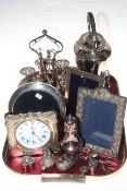 Tray lot with silver and plate including four silver easel photograph frames and EP egg cruet,