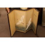 Small Oriental four fold screen decorated with cranes.