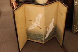 Small Oriental four fold screen decorated with cranes.