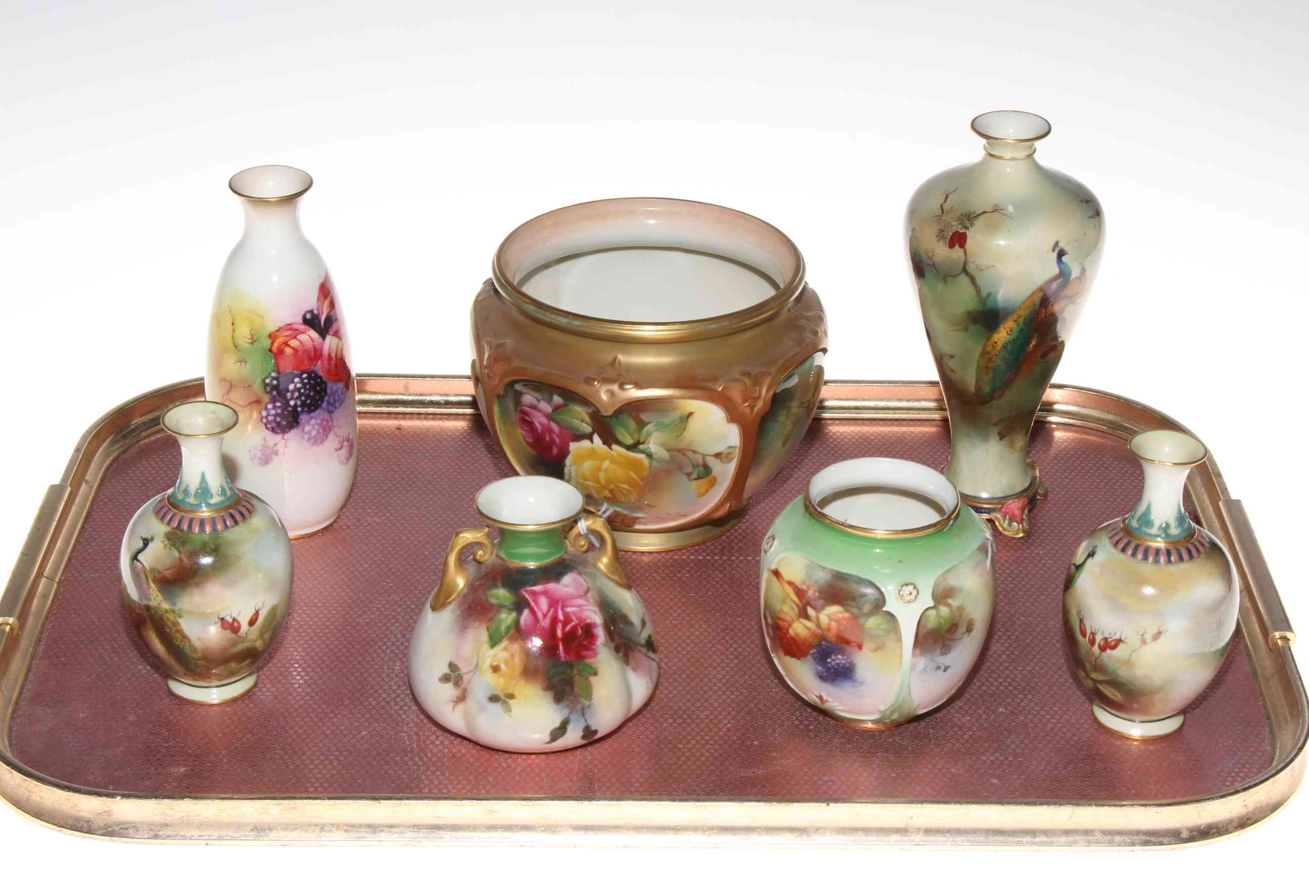 Collection of seven hand painted Royal Worcester vases; Peacock signed Austin, pair Peacocks,