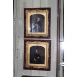 Pair Victorian portrait images in delicate fancy gilt frames and glazed mahogany outer cases,
