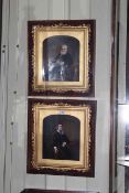 Pair Victorian portrait images in delicate fancy gilt frames and glazed mahogany outer cases,