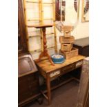 Tiled single drawer side table, oval pedestal occasional table and two bamboo step ladders (4).