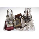 Tray lot with antique cruets, silver topped scent bottle, manicure sets,