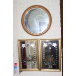 Circular gilt framed bevelled wall mirror and pair etched mirrors.