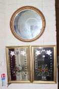 Circular gilt framed bevelled wall mirror and pair etched mirrors.