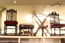 Pair Victorian carved oak side chairs, Continental oak stool and folding butlers tray stand (4).