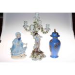 Sitzendorf five branch figure candelabrum, 44cm,