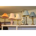 Six various table lamps including Masons Chartreuse and pair of metal lamps.