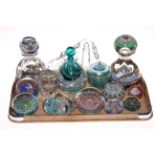 Collection of seven Millifiori glass paperweights and bottle, and other glass pieces (14).