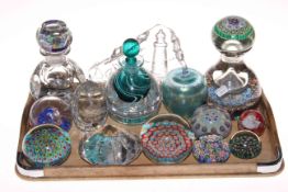 Collection of seven Millifiori glass paperweights and bottle, and other glass pieces (14).